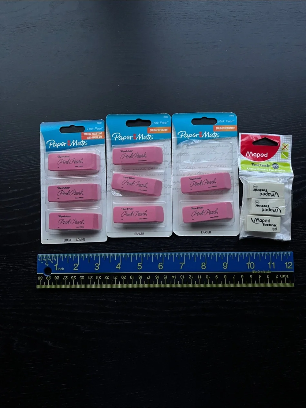 PaperMate Pink Pearl & Maped Technic Erasers 12 Pack 3-Ct Packs Latex PVC Free